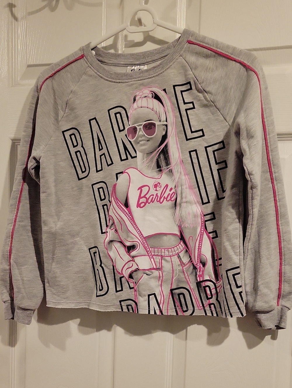 Barbie Grey Crop Sweatshirt with Pink Graphic Trim